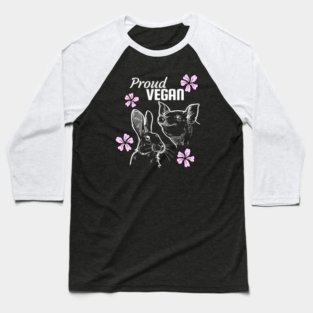 Proud vegan design featuring pig, rabbit and pink flowers Baseball T-Shirt by Purrfect